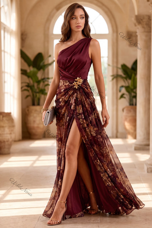 Burgundy Satin A-Line Evening Gown with High Slit burgundy satin evening gown - product view 8