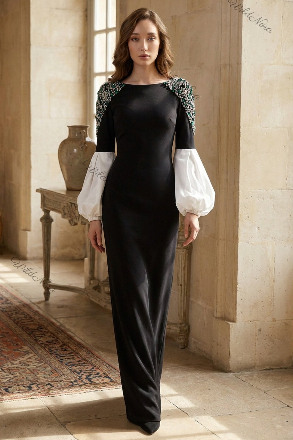 Black Column Evening Gown with Crystal Shoulders & White Puff Sleeves black heavy matte crepe evening gown - product view 8