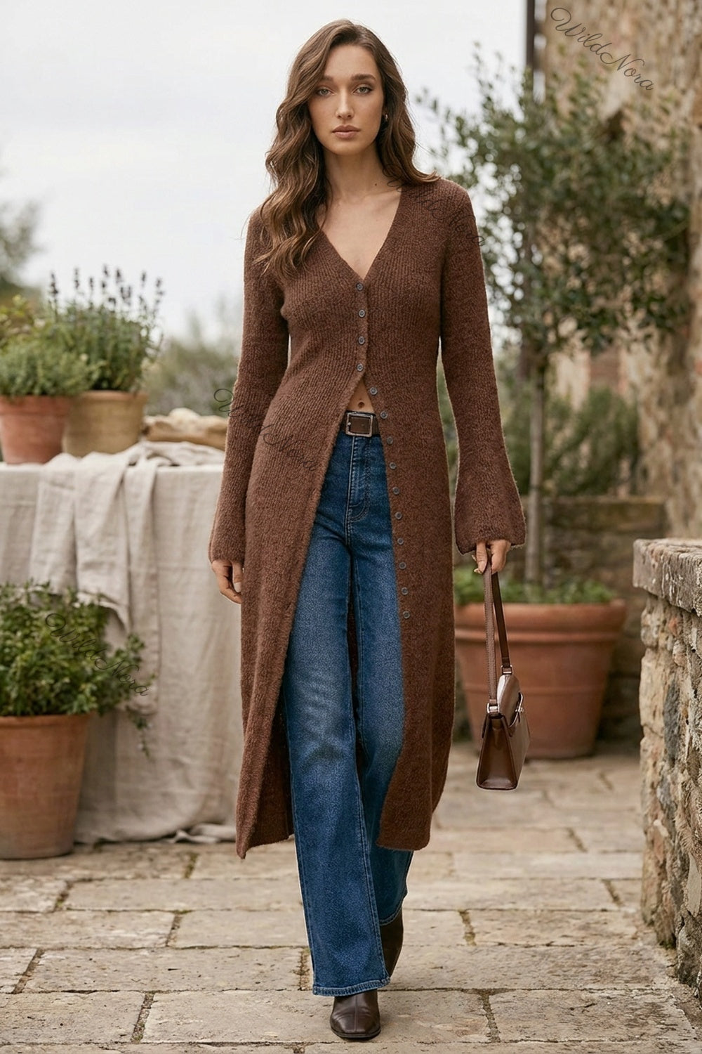 Chocolate Brown Ribbed Knit Longline Cardigan with Bell Sleeves chocolate brown ribbed knit longline cardigan - product view 8