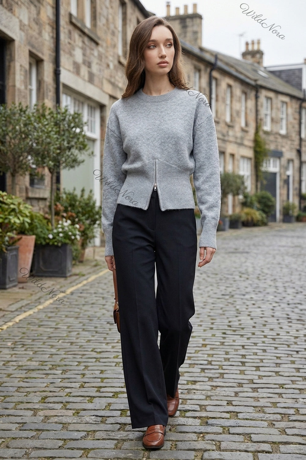 Heather Grey Knit Wool Blend Relaxed Sweater with Fitted Waist heather grey knit wool blend sweater - product view 8