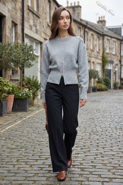 Heather Grey Knit Wool Blend Relaxed Sweater with Fitted Waist heather grey knit wool blend sweater - product view 8