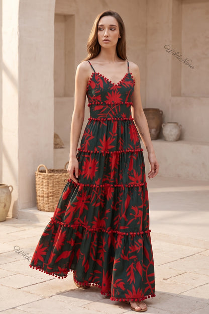 Dark Forest Green Tiered Maxi Dress with Red Botanical Print and Pom-Pom Trim dark forest green lightweight woven synthetic tiered maxi dress - product view 8