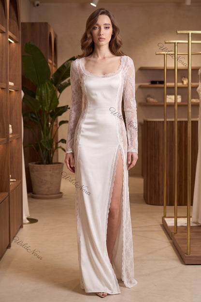 Ivory Satin and Lace Column Gown ivory satin gown - product view 8