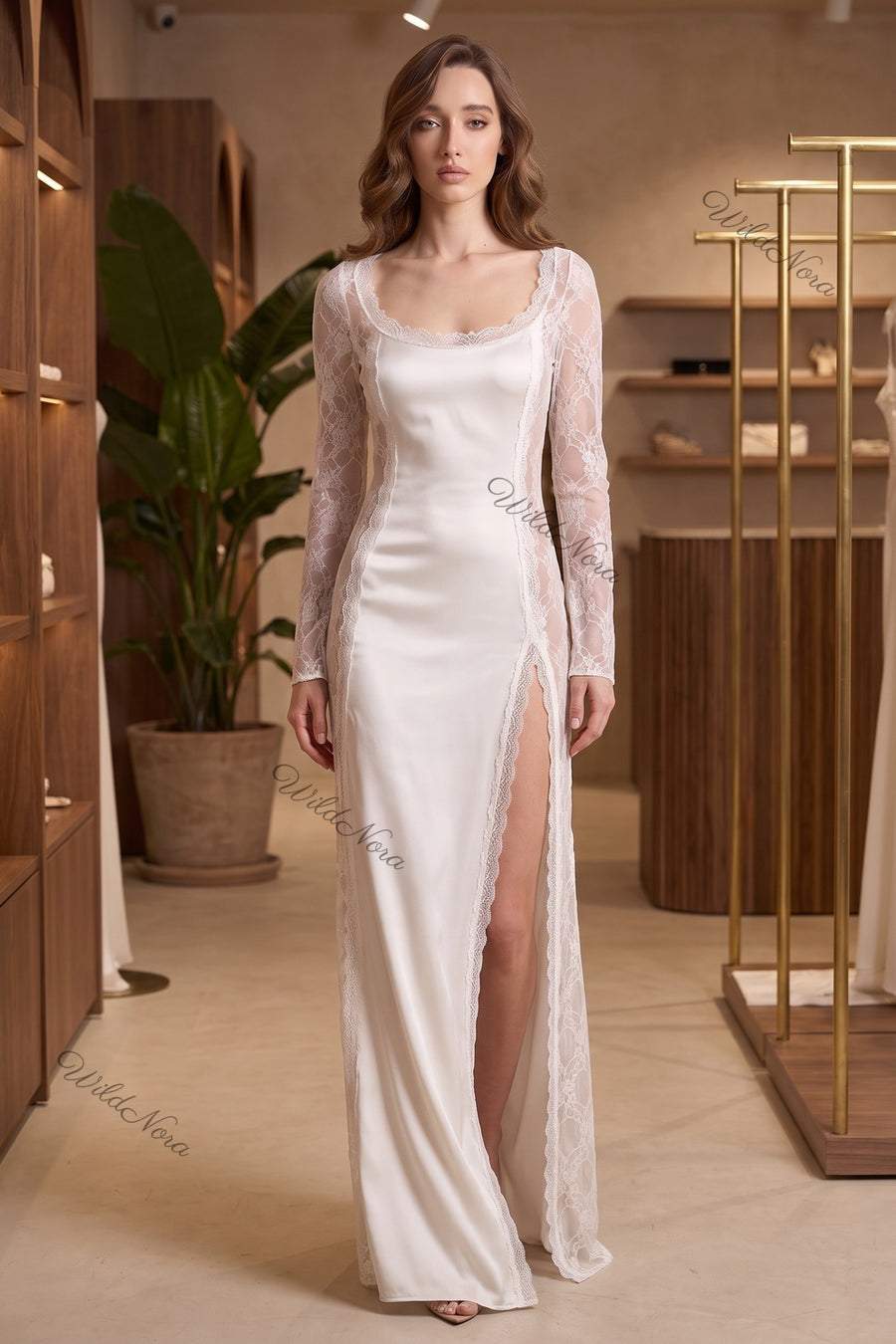Ivory Satin and Lace Column Gown ivory satin gown - product view 8