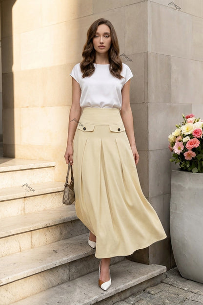 Pale Yellow A-Line Maxi Skirt with Contrasted Buttons pale yellow, cream medium-weight woven suiting or cotton-blend skirt - product view 8