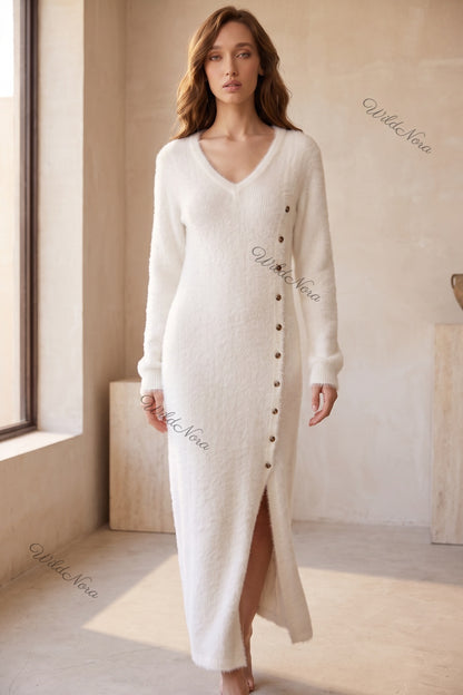 Off-White Fuzzy Eyelash Knit Column with Side Slit Sweater Dress off-white fuzzy eyelash knit sweater dress - product view 8