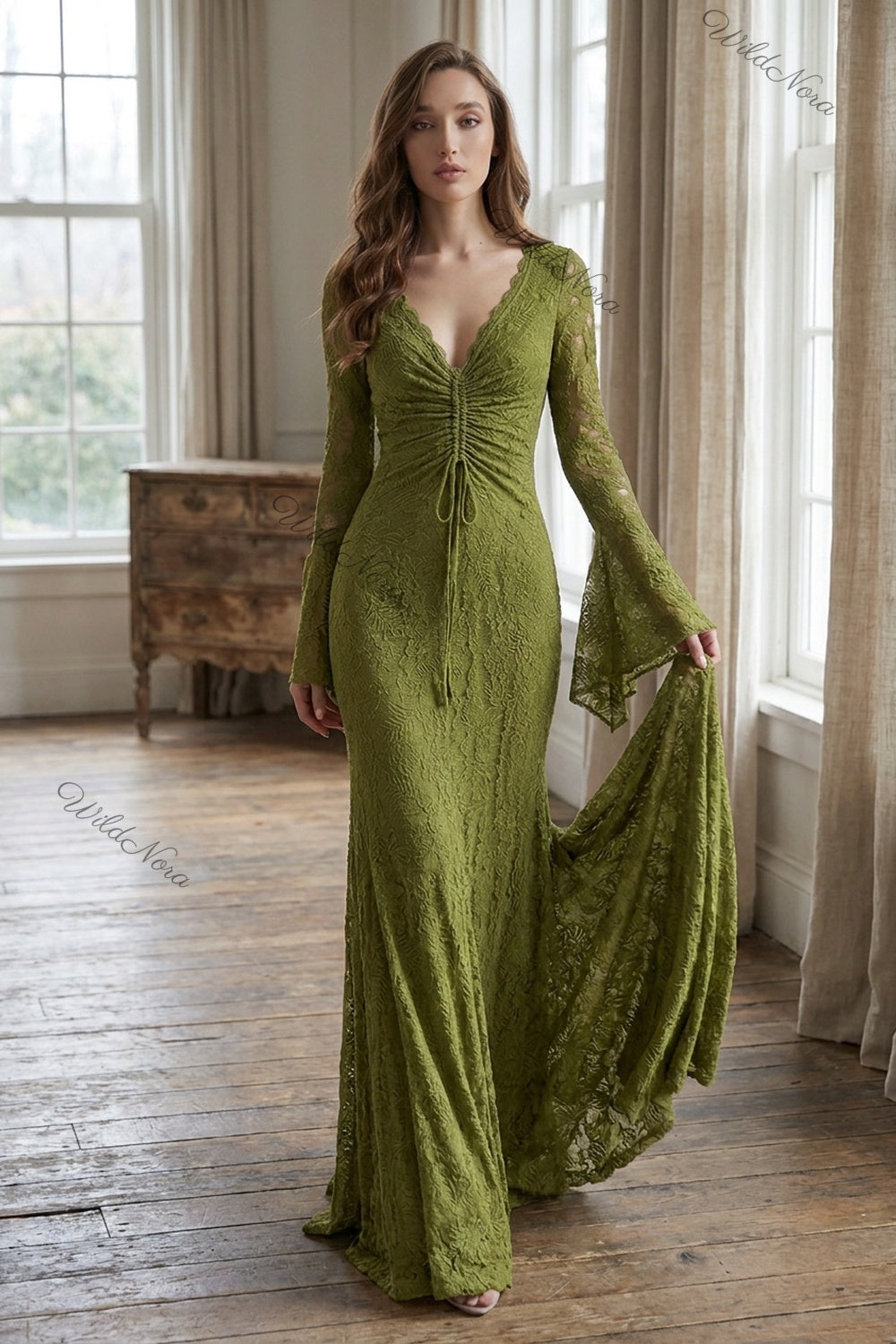 Olive Green Lace Mermaid Gown olive green lace gown - product view 8