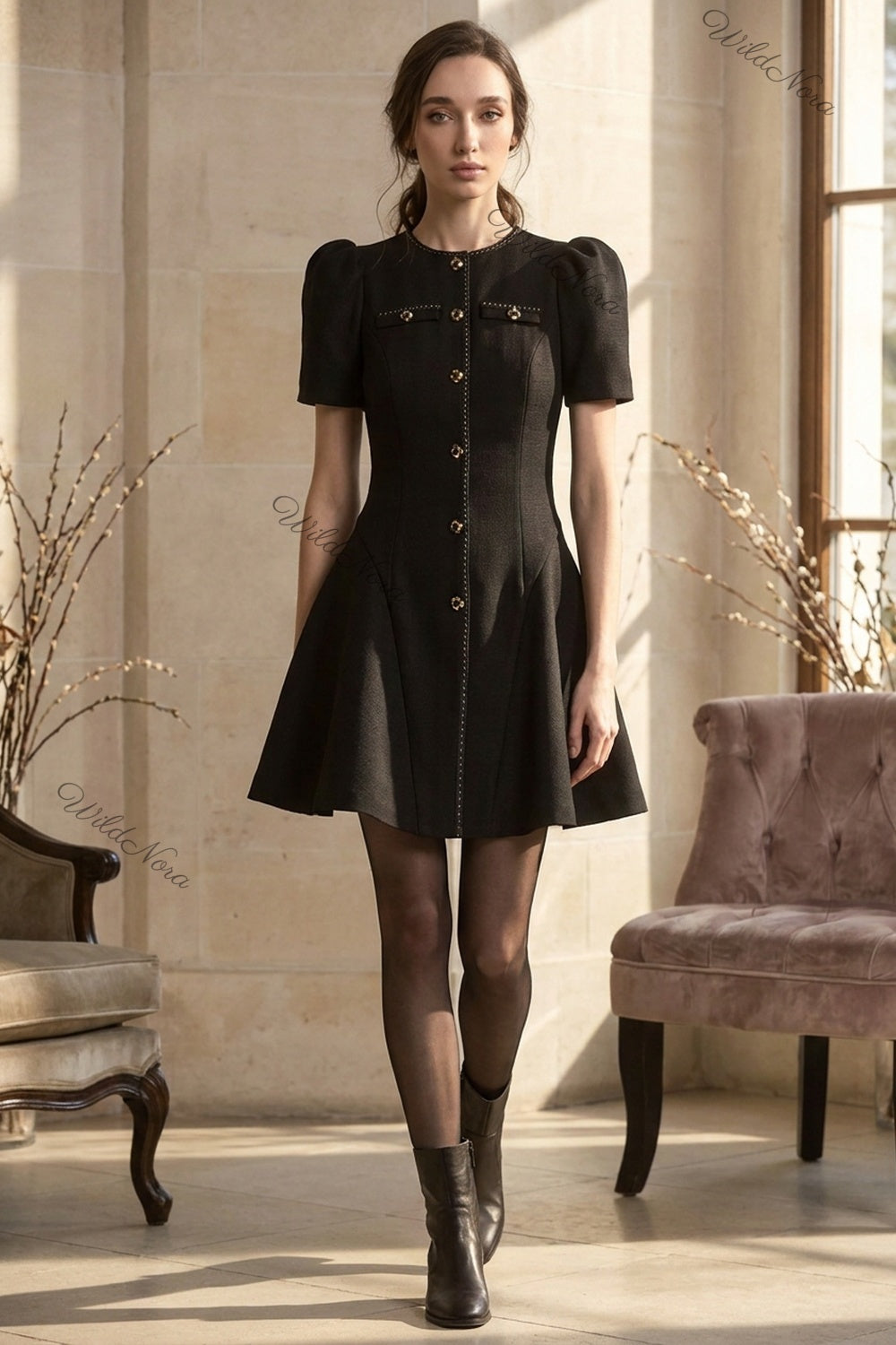 Black Textured Woven Crepe Fit-and-Flare Mini Dress black textured woven crepe dress - product view 8
