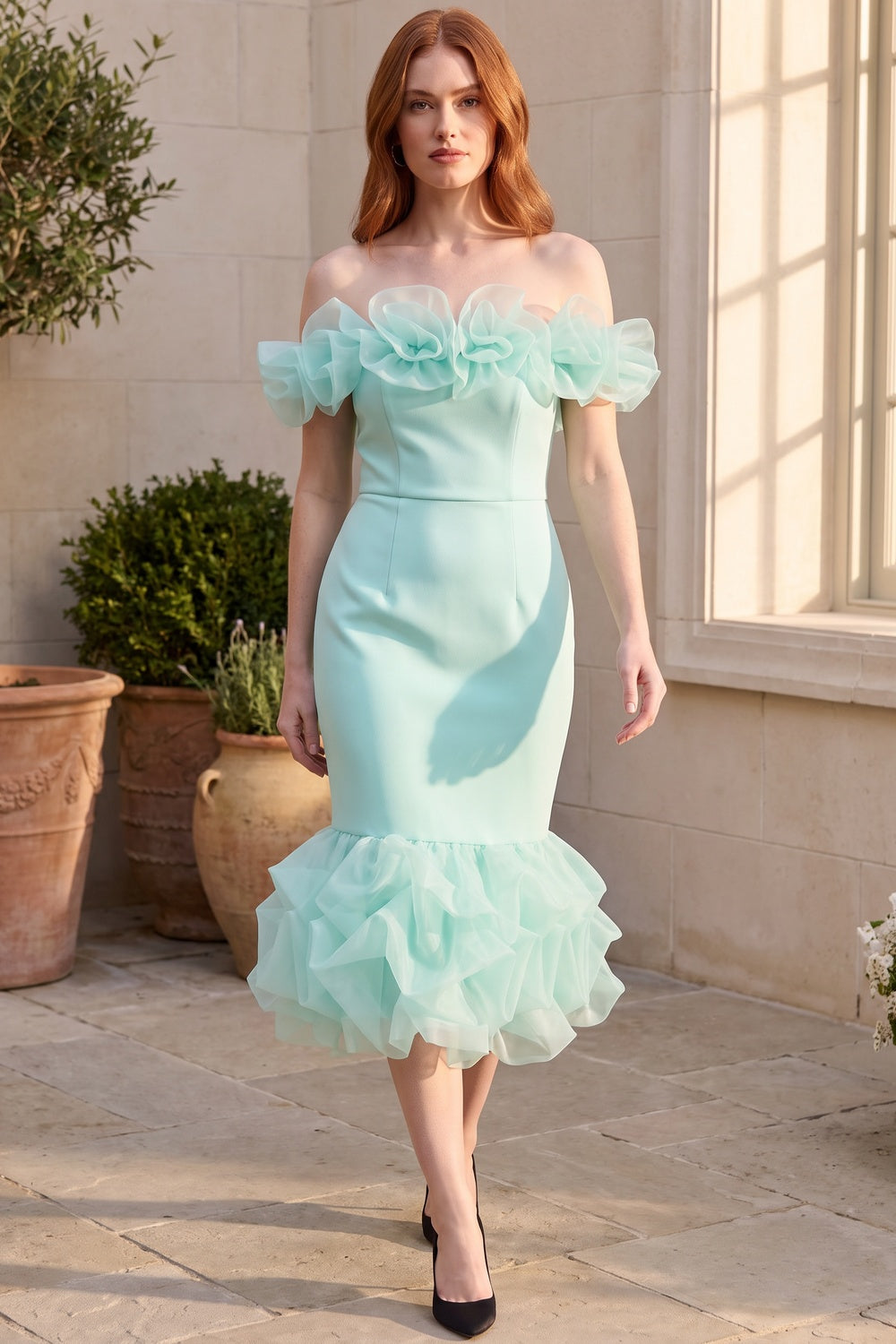 Mint Green Off-The-Shoulder Mermaid Midi Dress with Organza Ruffles mint green structured stretch woven dress - product view 6
