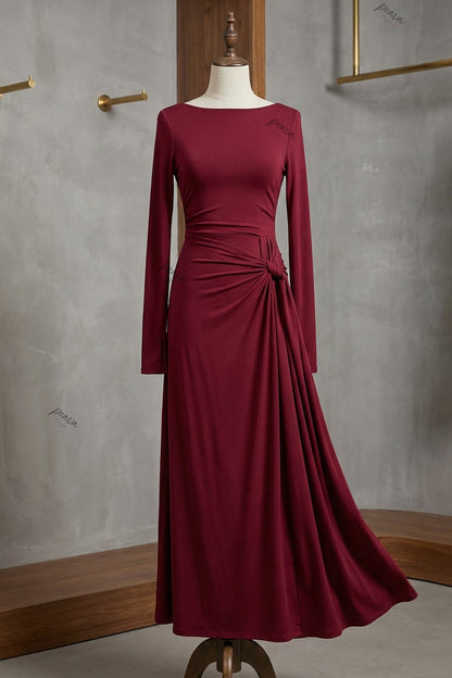 Wine Red Jersey Wrap Maxi Dress with Knot Detail wine red jersey knit dress - product view 2