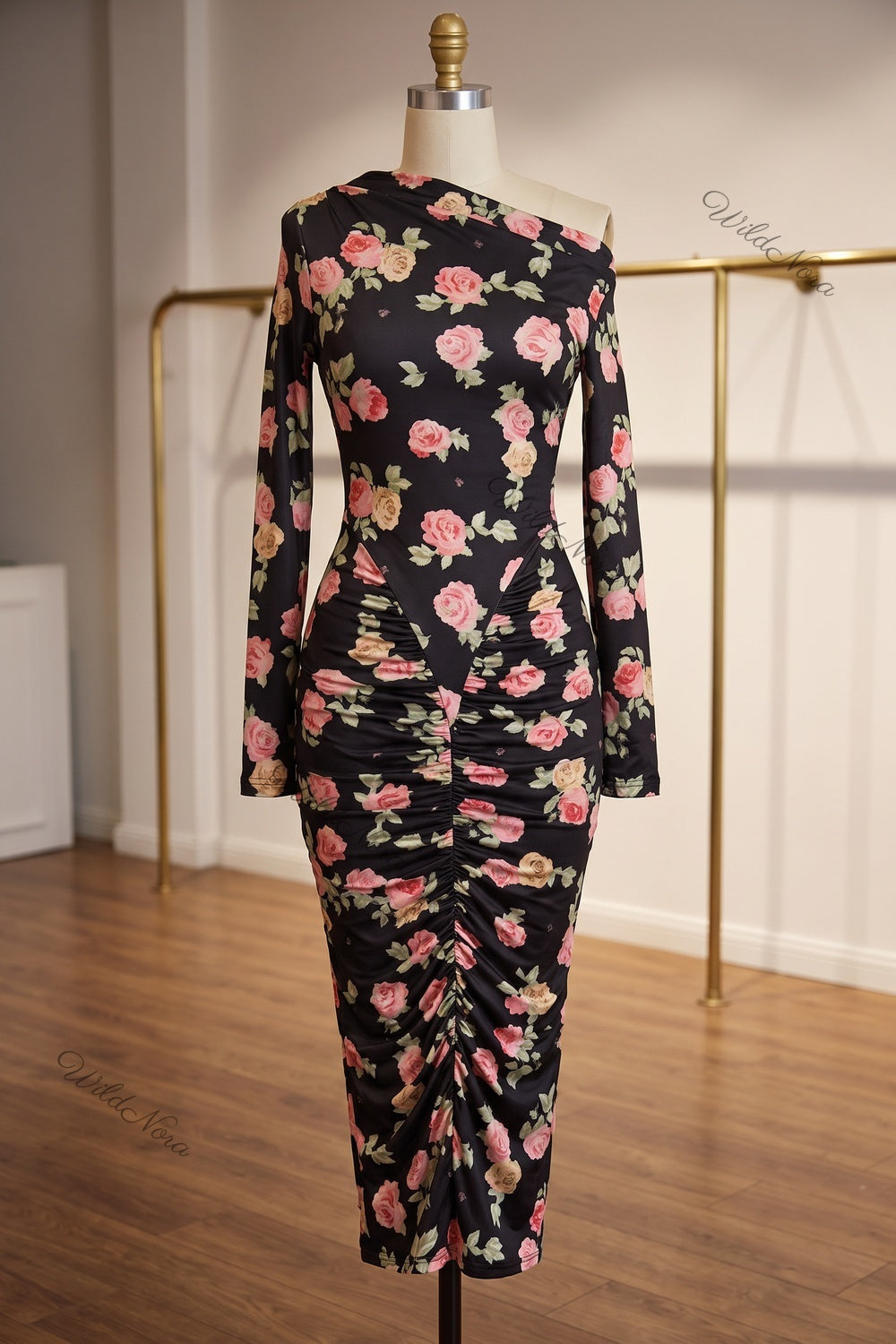 Black Floral Bodycon Midi Dress with Asymmetrical Off-the-Shoulder black stretch knit dress - product view 2