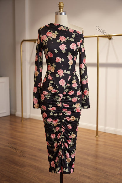 Black Floral Bodycon Midi Dress with Asymmetrical Off-the-Shoulder black stretch knit dress - product view 2