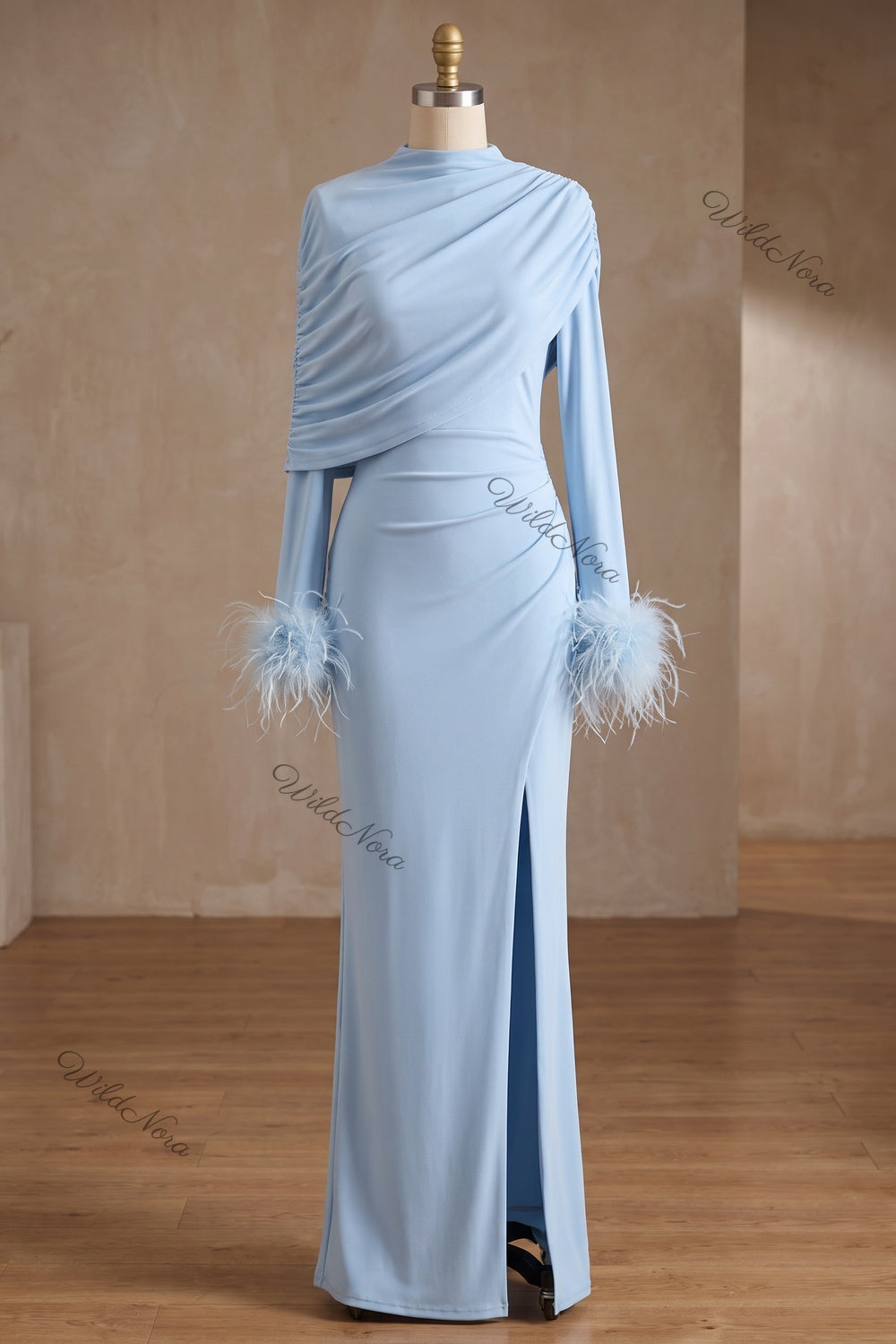 Light Blue Stretch Jersey Column Gown with Feather Cuffs light blue stretch jersey gown - product view 2
