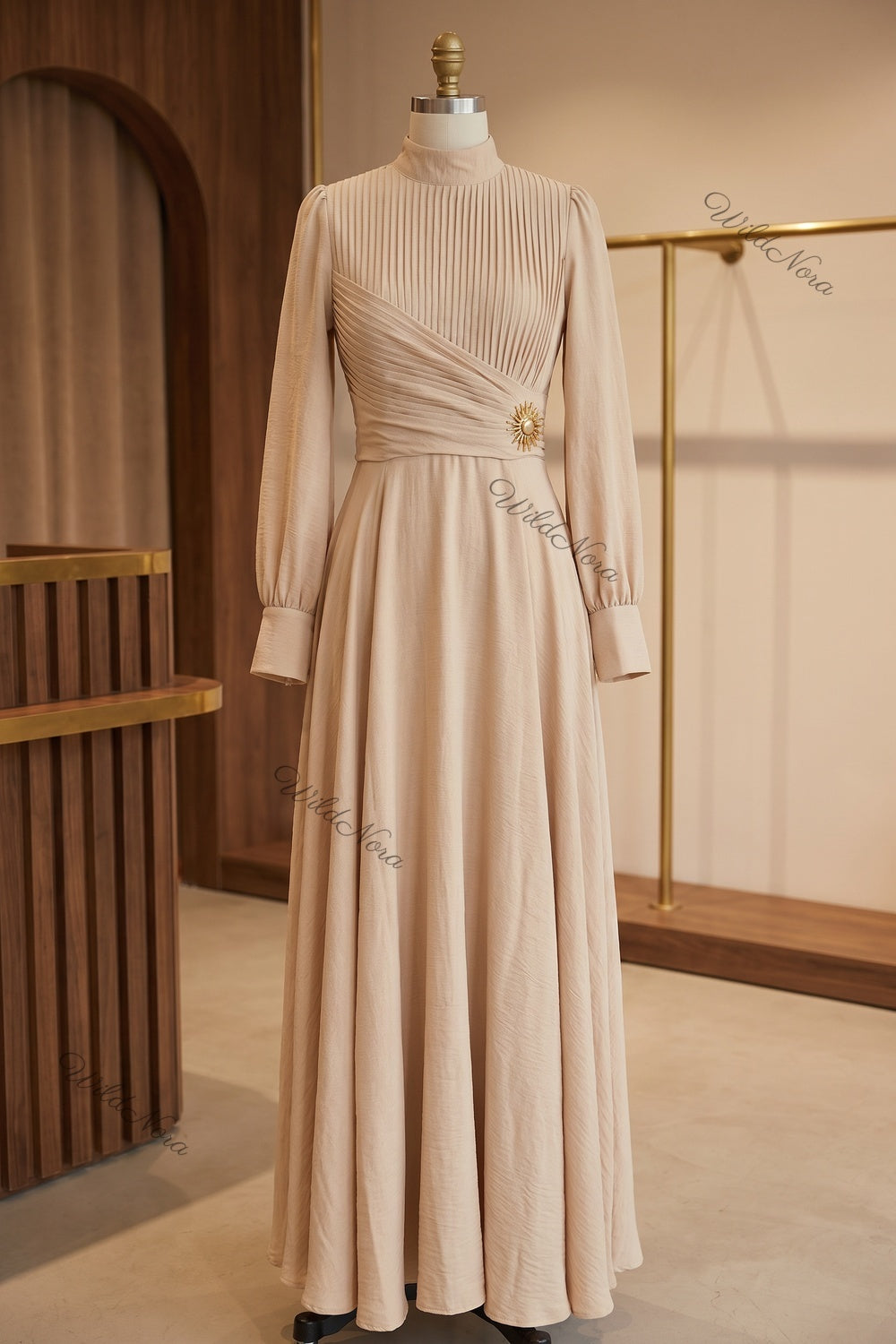 Beige Textured Linen-Blend A-Line Maxi Dress with Gold Brooch beige textured linen-blend maxi dress - product view 2