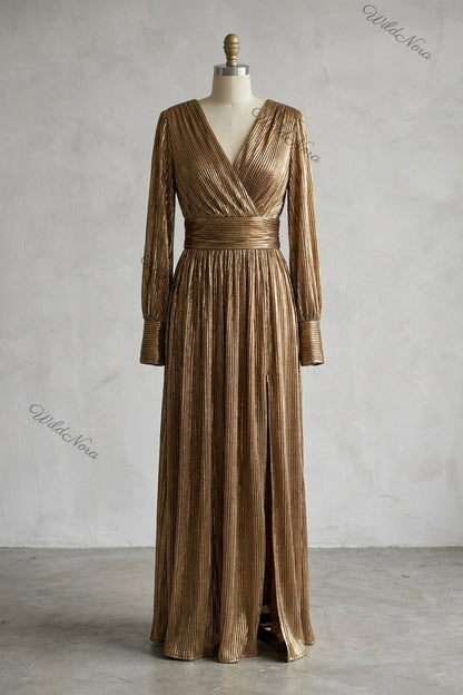 Gold Metallic Plissé A-Line Maxi Dress gold, bronze metallic plissé maxi dress - product view 2