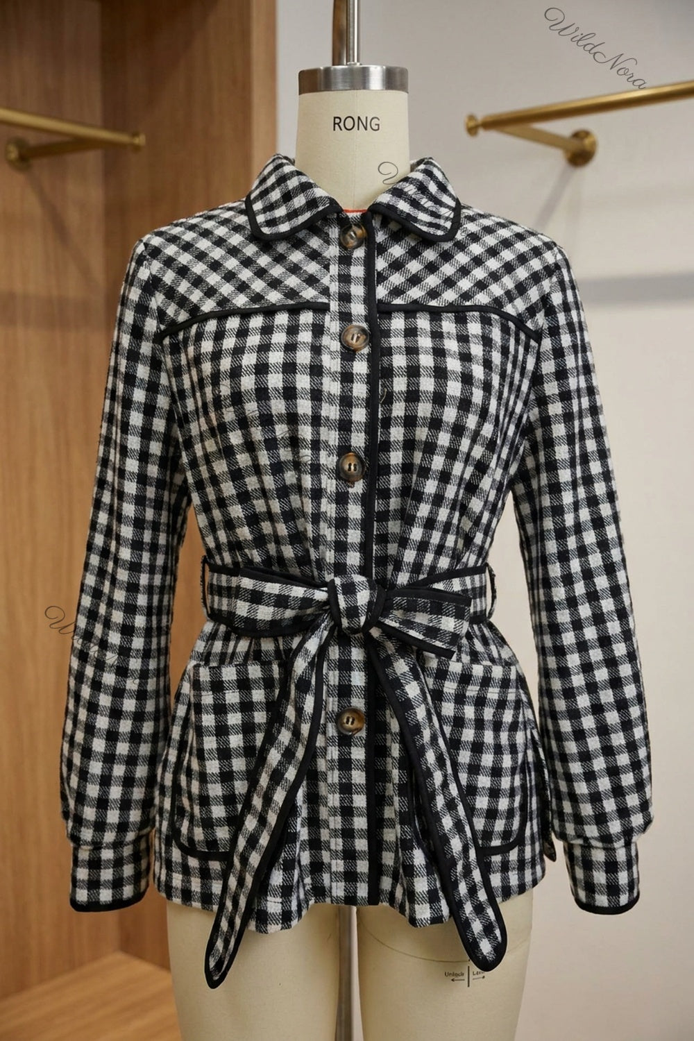 Black & White Gingham Belted Jacket black, white woven wool-blend or flannel belted jacket - product view 2
