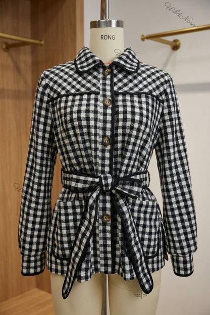 Black & White Gingham Belted Jacket black, white woven wool-blend or flannel belted jacket - product view 2