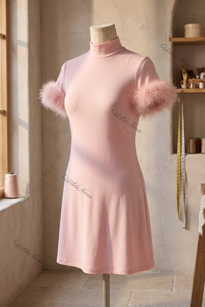 Light Pink Mock Neck Mini Dress with Feather Trim light pink stretch knit jersey dress - product view 2