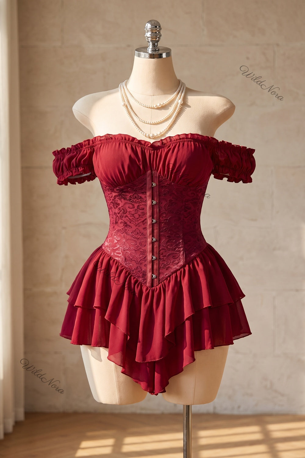Burgundy Chiffon Corset Romper with Lace Overlay burgundy chiffon corset romper - product view 2