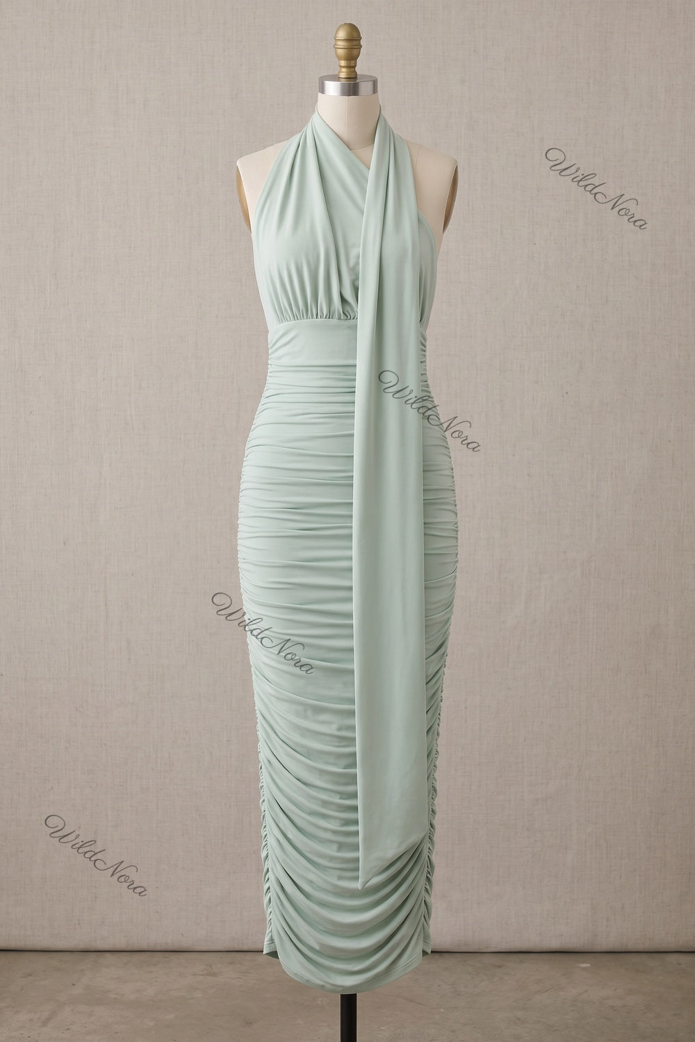 Mint Green Stretch Jersey Bodycon Midi Dress with Ruched Detail mint green stretch jersey dress - product view 2