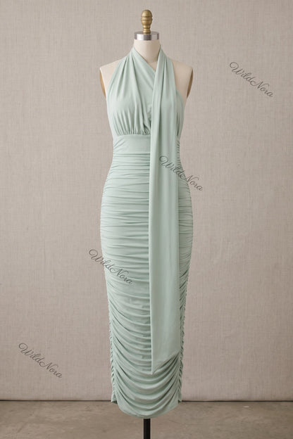 Mint Green Stretch Jersey Bodycon Midi Dress with Ruched Detail mint green stretch jersey dress - product view 2