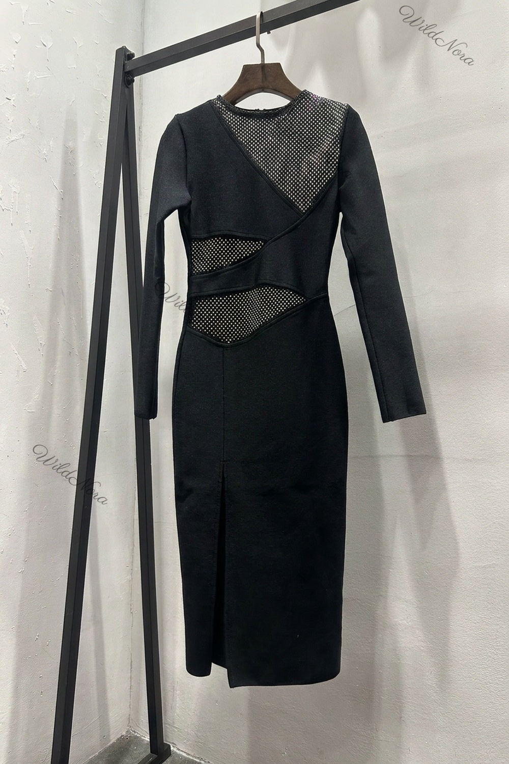 Black Heavy Knit Sheath Dress with Rhinestone Mesh Cutouts black heavy structured knit dress - product view 2