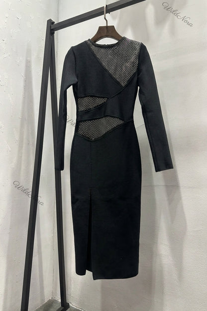 Black Heavy Knit Sheath Dress with Rhinestone Mesh Cutouts black heavy structured knit dress - product view 2