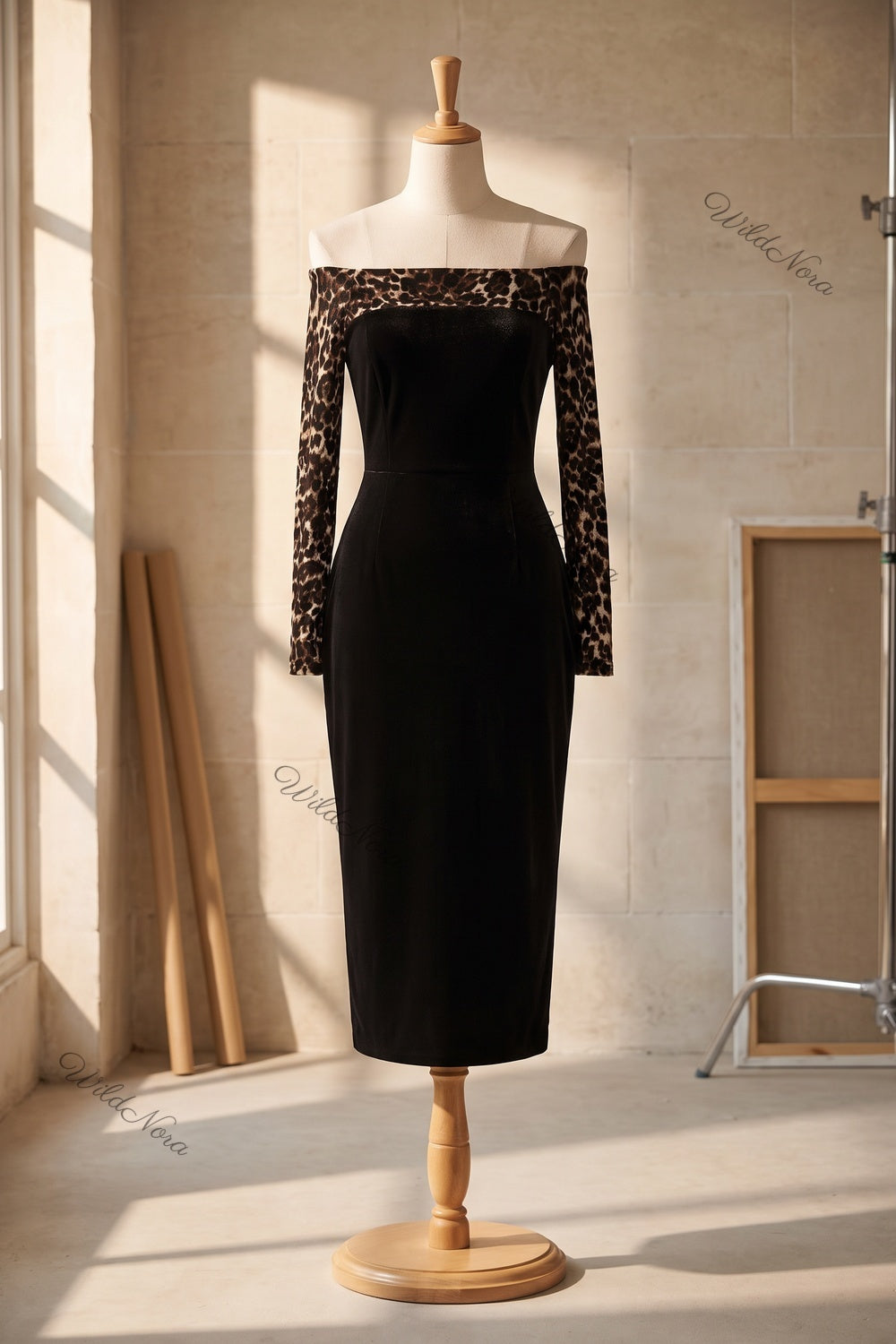 Black Velvet Off-the-Shoulder Sheath Dress with Leopard Print Sleeves black velvet dress - product view 2