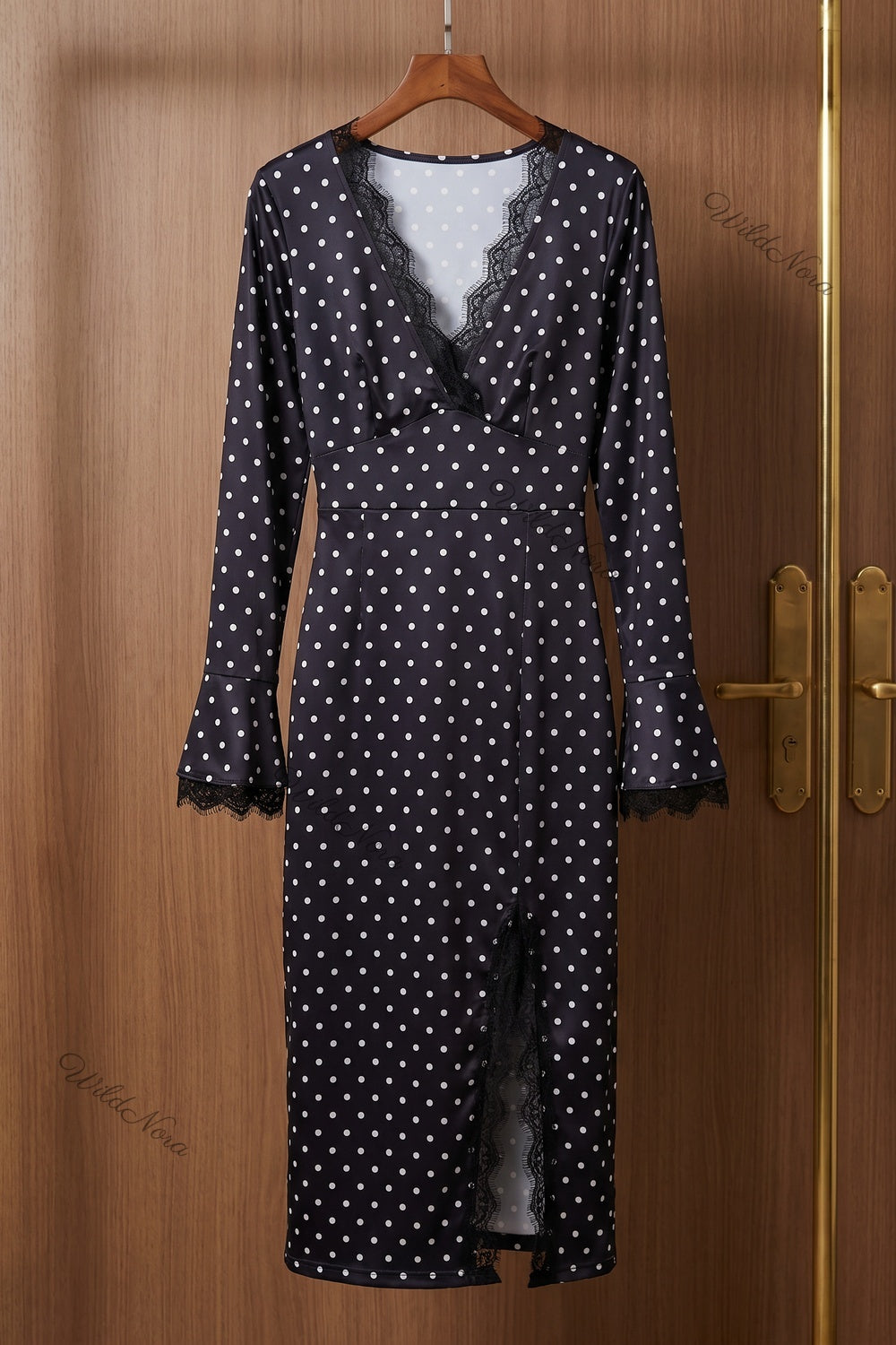 Black Satin Polka Dot Fitted Sheath Dress with Lace Trim black satin dress - product view 2