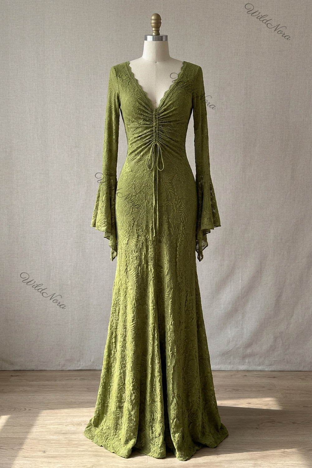 Olive Green Lace Mermaid Gown olive green lace gown - product view 2