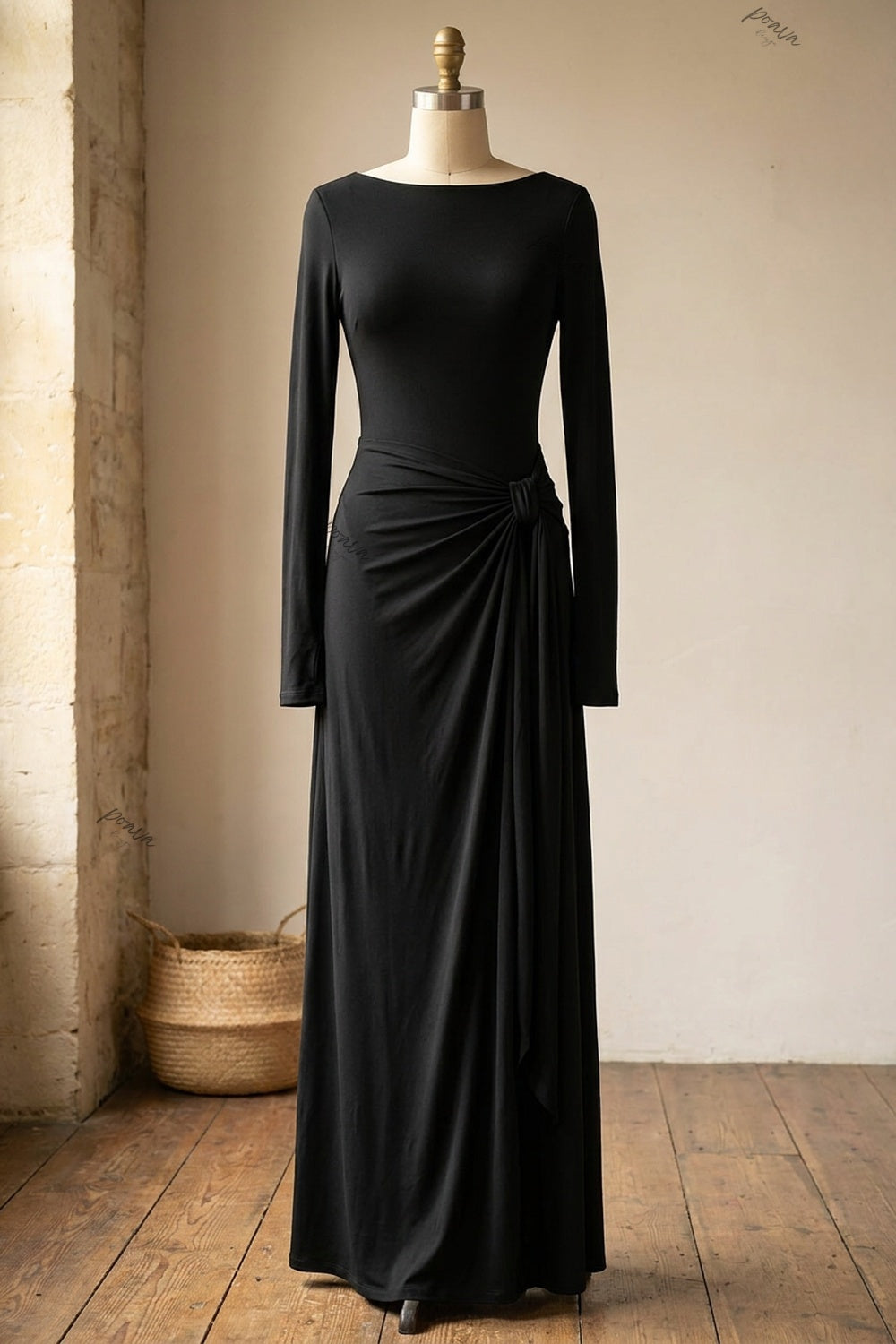 Black Stretch Jersey Maxi Dress with Draped Skirt and Thumbhole Sleeves black stretch jersey knit maxi dress - product view 2