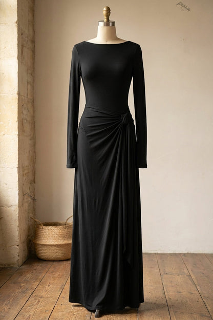 Black Stretch Jersey Maxi Dress with Draped Skirt and Thumbhole Sleeves black stretch jersey knit maxi dress - product view 2