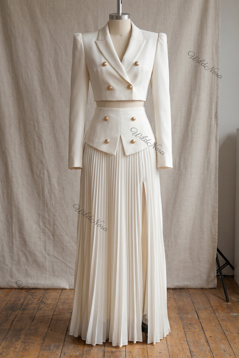 Off-White Two-Piece Set - Structured Cropped Blazer with Pleated Maxi Skirt Off-white, Cream Structured crepe suiting fabric Two-piece set (cropped blazer and maxi skirt) - product view 2