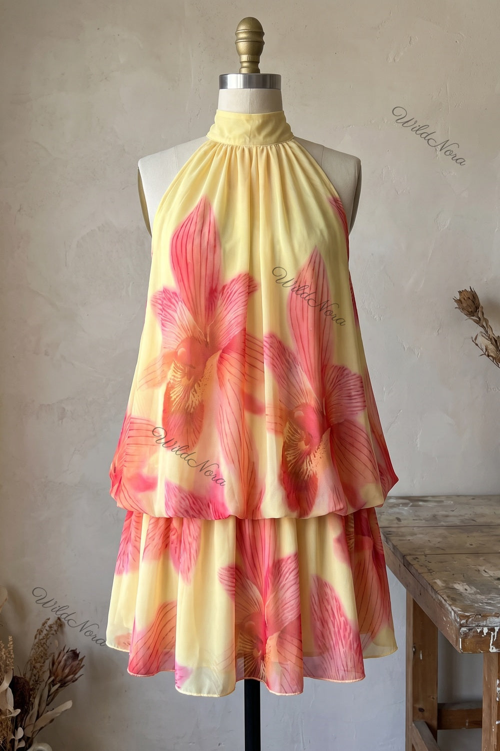 Pale Yellow Chiffon A-Line Tiered Blouson Dress with Orchid Floral Print pale yellow chiffon dress - product view 2
