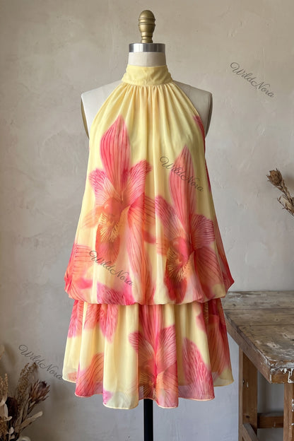 Pale Yellow Chiffon A-Line Tiered Blouson Dress with Orchid Floral Print pale yellow chiffon dress - product view 2