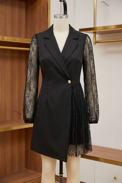 Black Structured Crepe Blazer Dress with Floral Lace Sleeves black structured woven crepe blazer dress - product view 2
