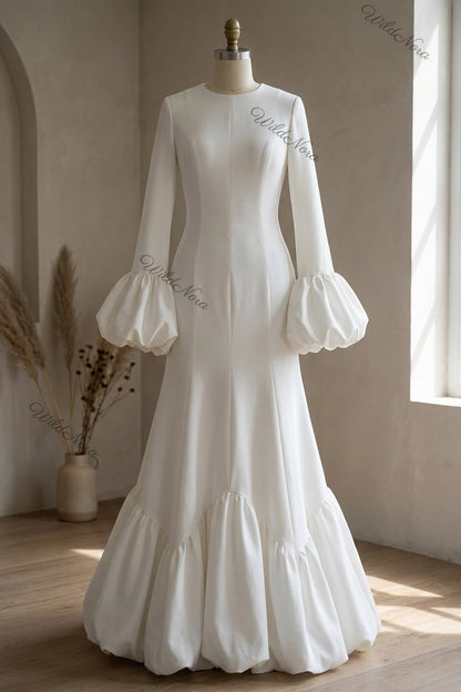 White Heavy Matte Crepe Mermaid Bubble Hem Gown white heavy matte crepe gown - product view 2