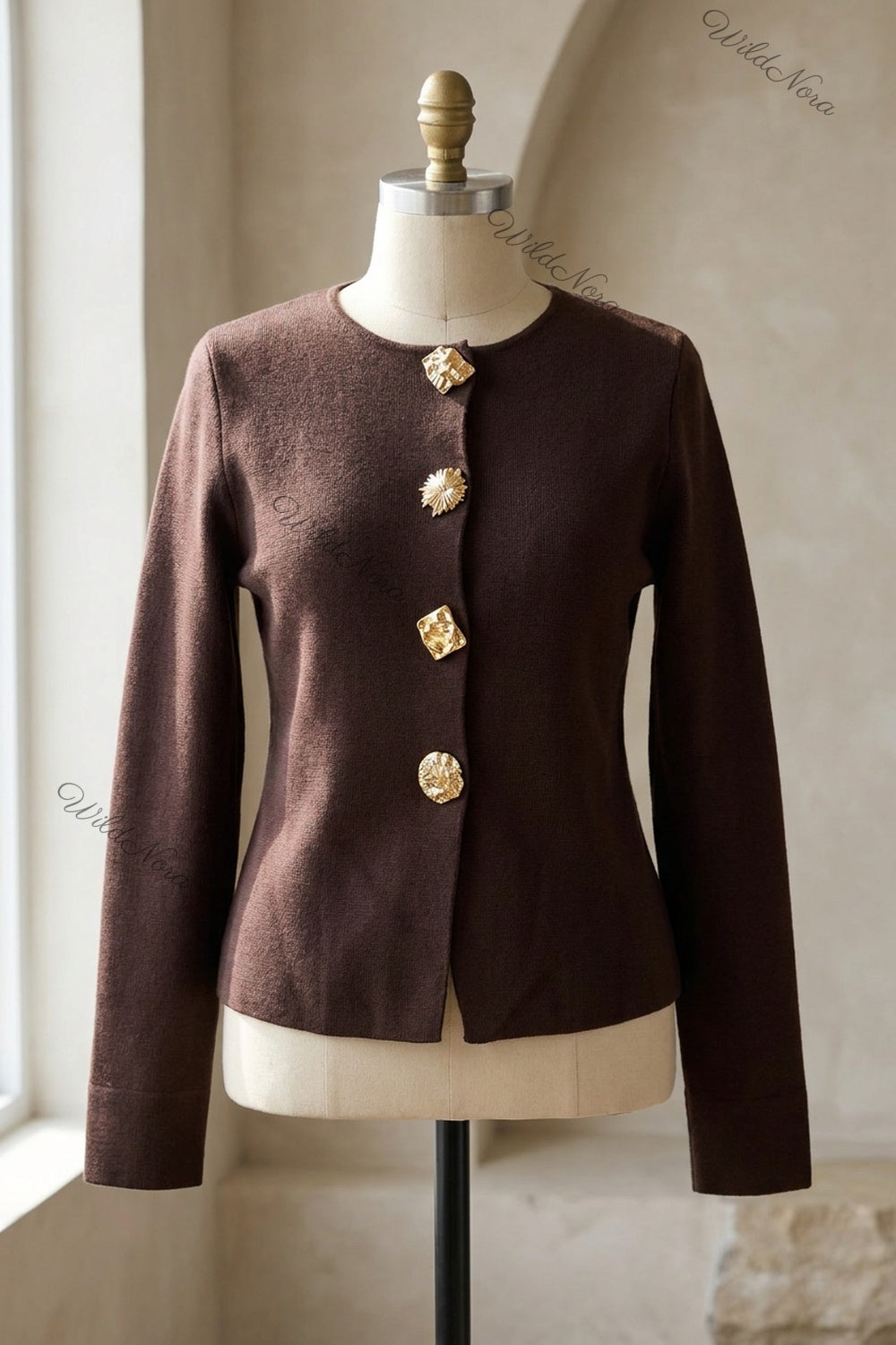 Dark Brown Fine-Gauge Knit Cardigan Jacket with Textured Gold Buttons dark brown fine-gauge knit cardigan jacket - product view 2