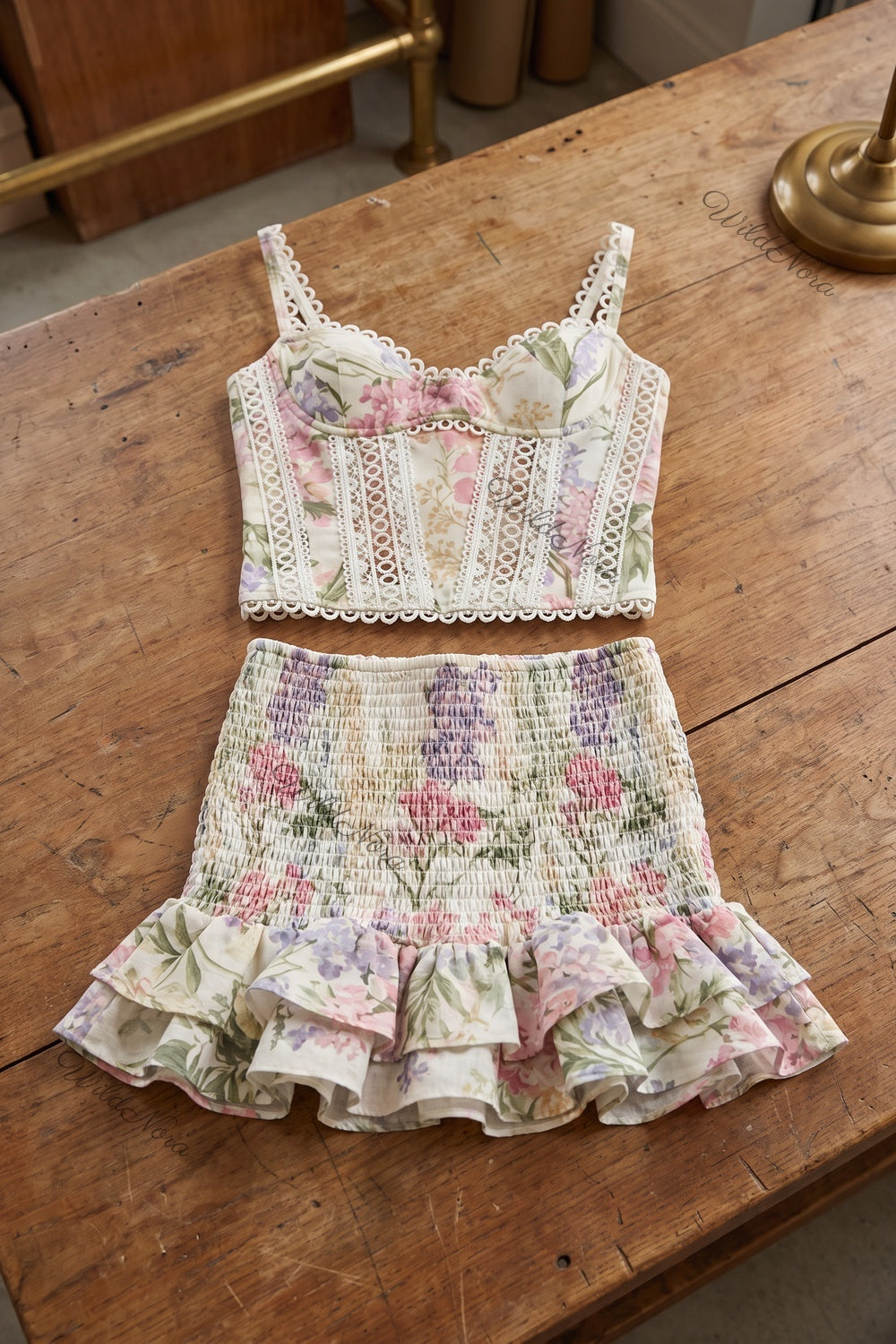 Floral Corset Two-Piece Set with Smocked Mini Skirt off-white, cream cotton-linen blend two-piece set - product view 2