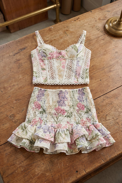 Floral Corset Two-Piece Set with Smocked Mini Skirt off-white, cream cotton-linen blend two-piece set - product view 2