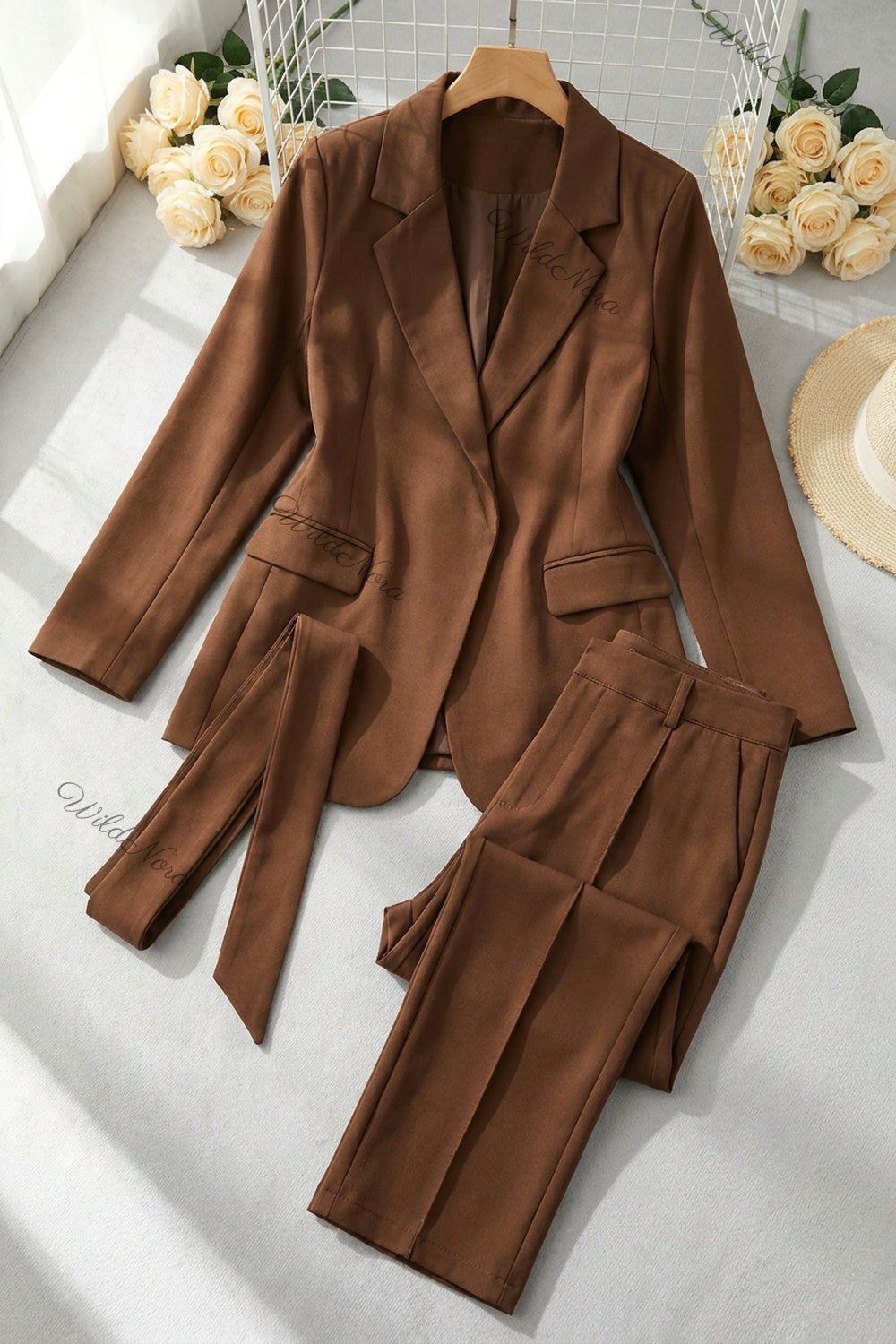 Medium Brown Mid-Weight Woven Two-Piece Pantsuit with Wrap-Front Blazer & Straight-Leg Trousers medium brown mid-weight woven suiting two-piece pantsuit - product view 2