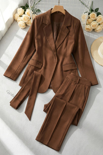Medium Brown Mid-Weight Woven Two-Piece Pantsuit with Wrap-Front Blazer & Straight-Leg Trousers medium brown mid-weight woven suiting two-piece pantsuit - product view 2