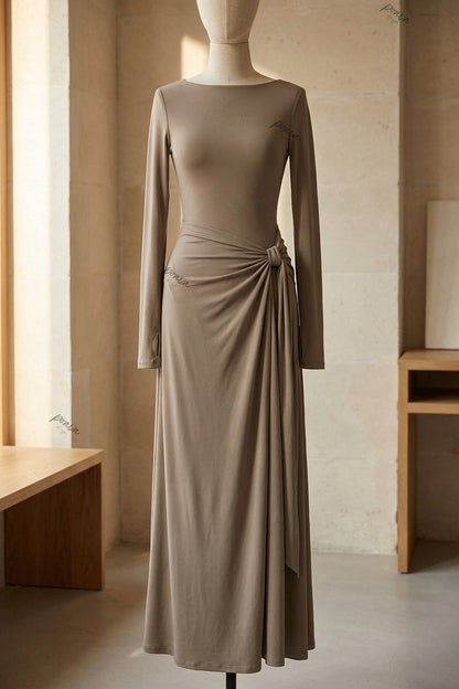 Taupe Stretch Jersey Knit Slim-Fit Bodice with Draped Skirt Maxi Dress taupe, milk tea brown stretch jersey knit maxi dress - product view 2