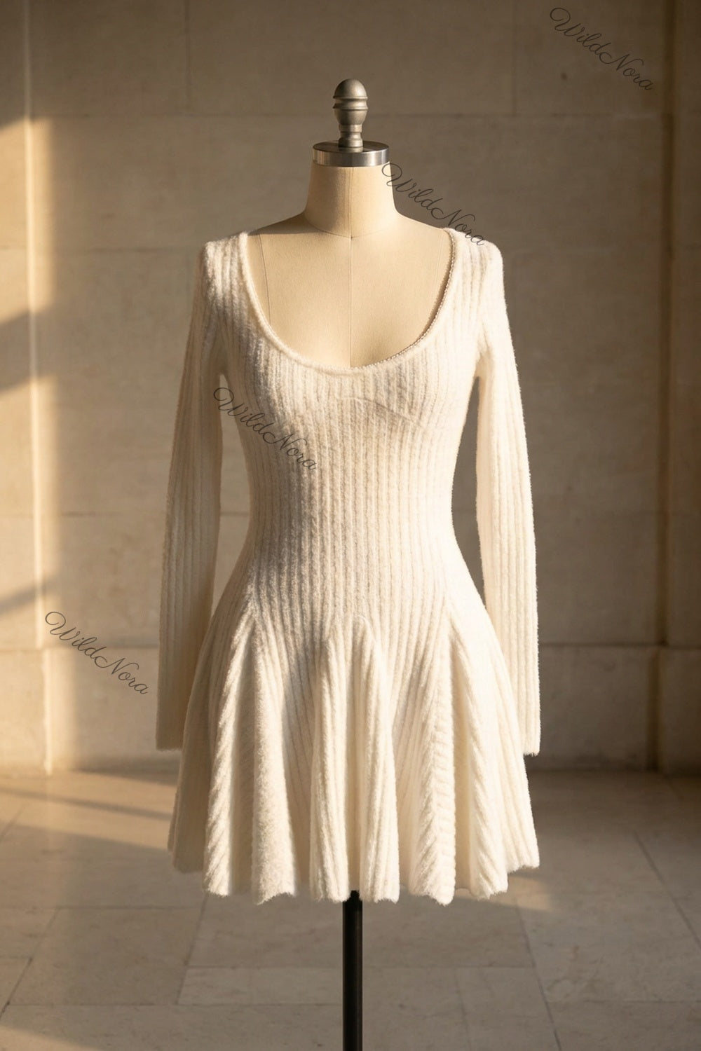 White Textured Knit Fit-and-Flare Mini Dress white textured knit dress - product view 2