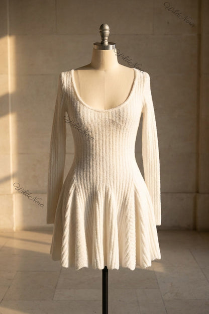 White Textured Knit Fit-and-Flare Mini Dress white textured knit dress - product view 2