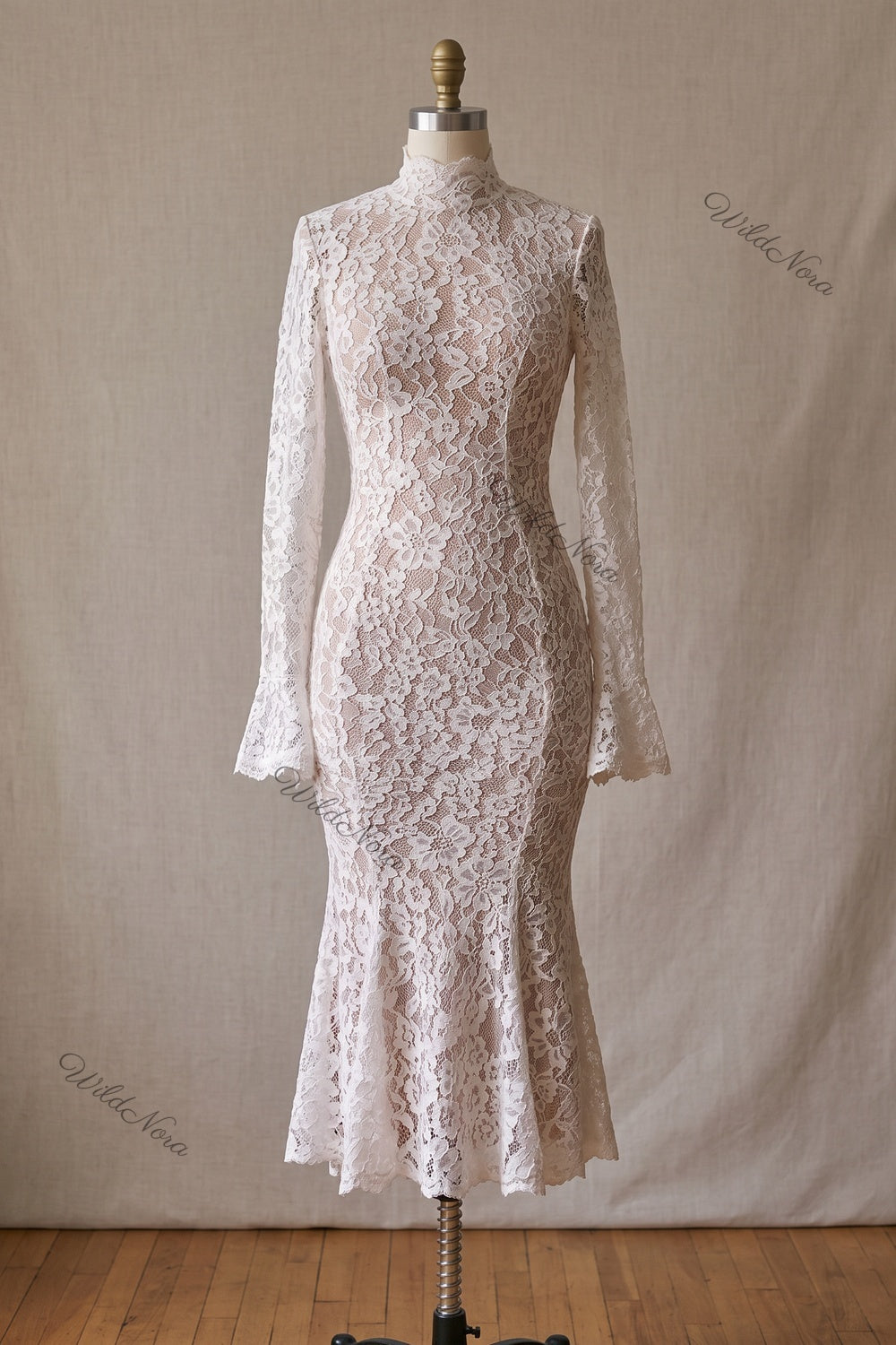 White Floral Lace Trumpet Midi Dress white floral lace dress - product view 2