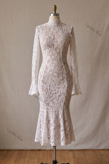 White Floral Lace Trumpet Midi Dress white floral lace dress - product view 2