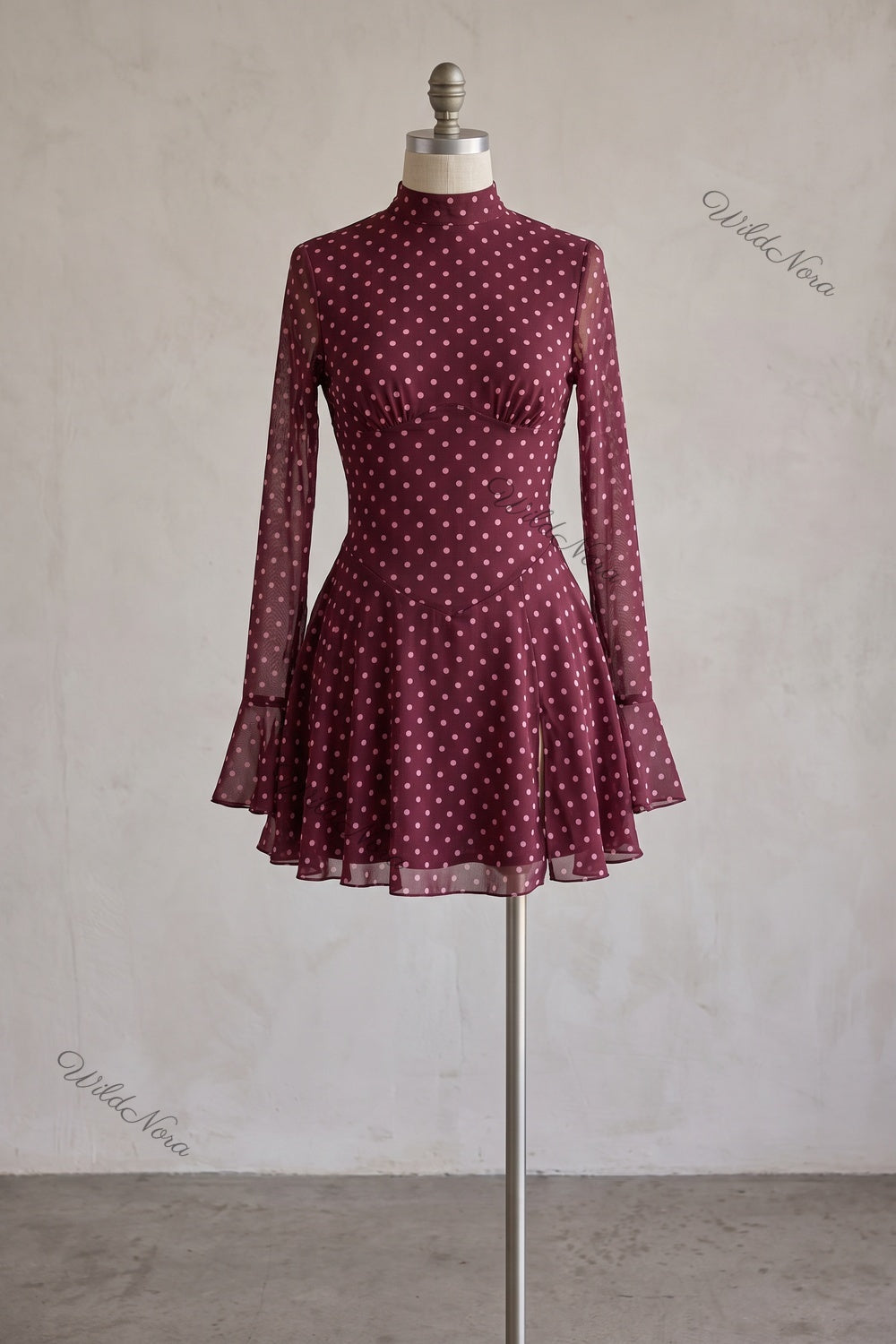 Burgundy Polka Dot Chiffon Fit-and-Flare Mini Dress burgundy sheer chiffon dress - product view 2