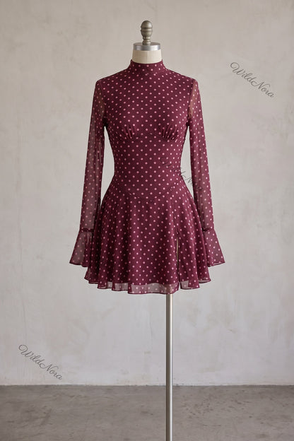 Burgundy Polka Dot Chiffon Fit-and-Flare Mini Dress burgundy sheer chiffon dress - product view 2