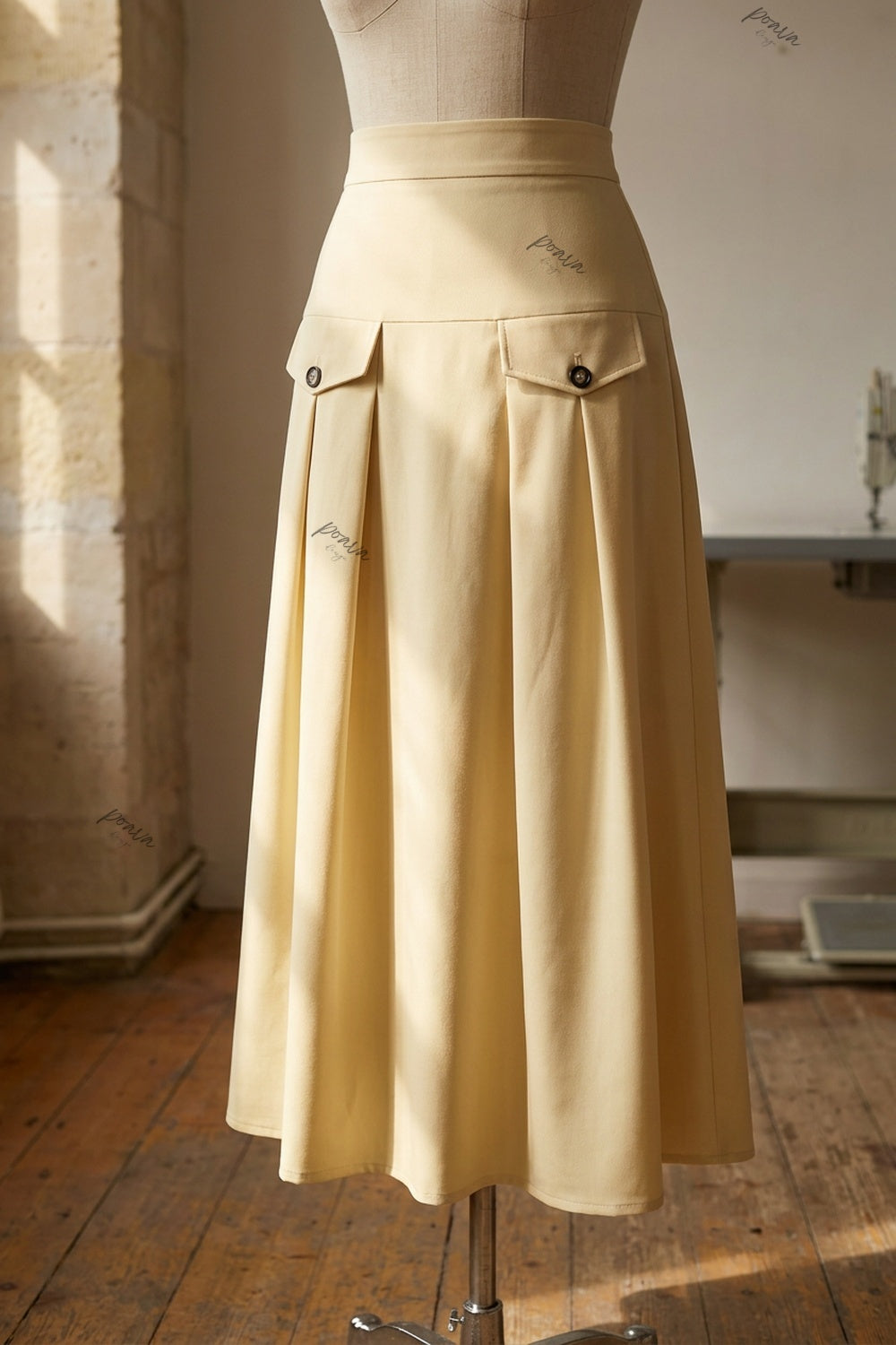 Pale Yellow A-Line Maxi Skirt with Contrasted Buttons pale yellow, cream medium-weight woven suiting or cotton-blend skirt - product view 2